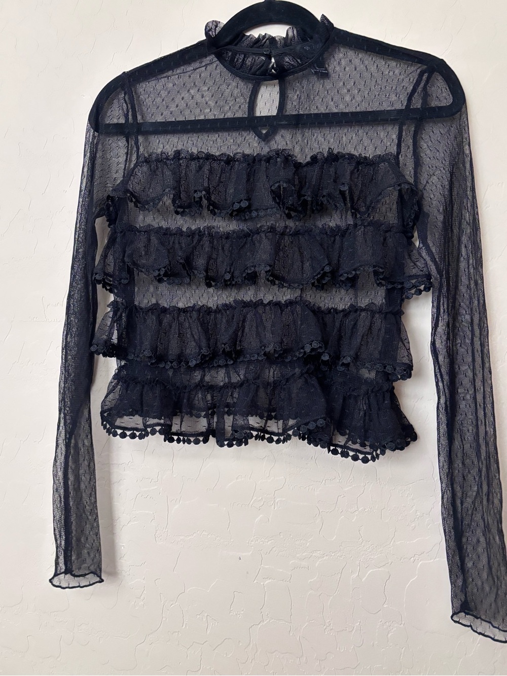 Black Sheer Mesh Mock Neck Tiered Ruffle Top Gothic Fairy Y2K Medium